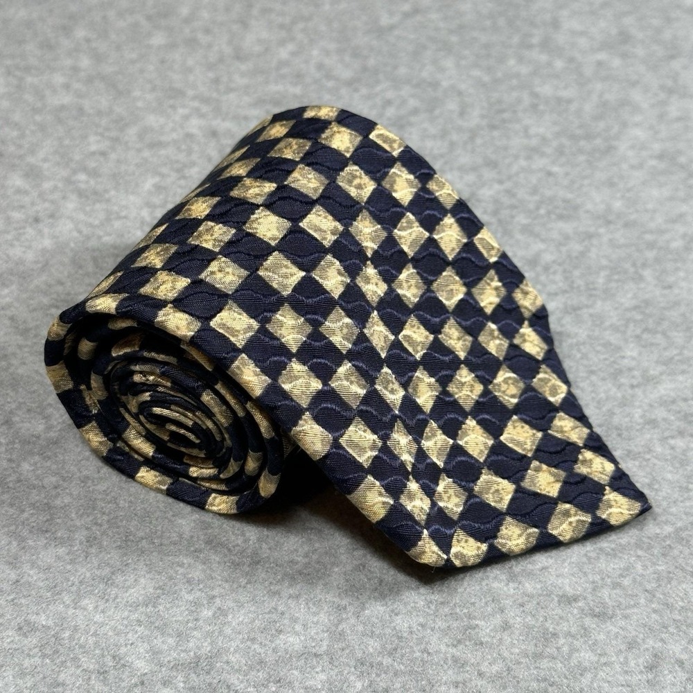 Vintage Structure Silk Tie Navy Gold Geometric USA Made Classic
